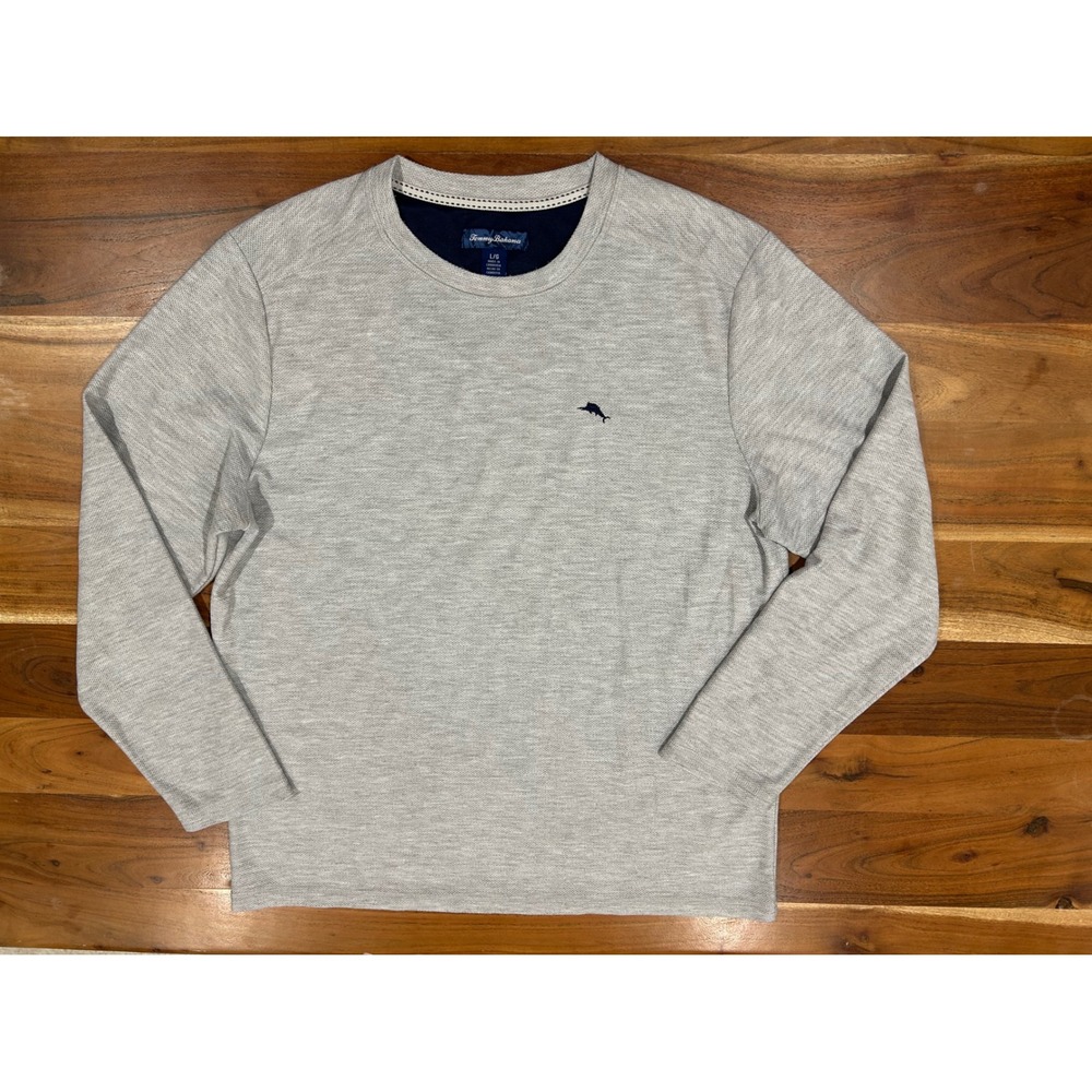 Tommy Bahama Mens Large Gray Long Sleeve Textured Crewneck Pullover Marlin Logo